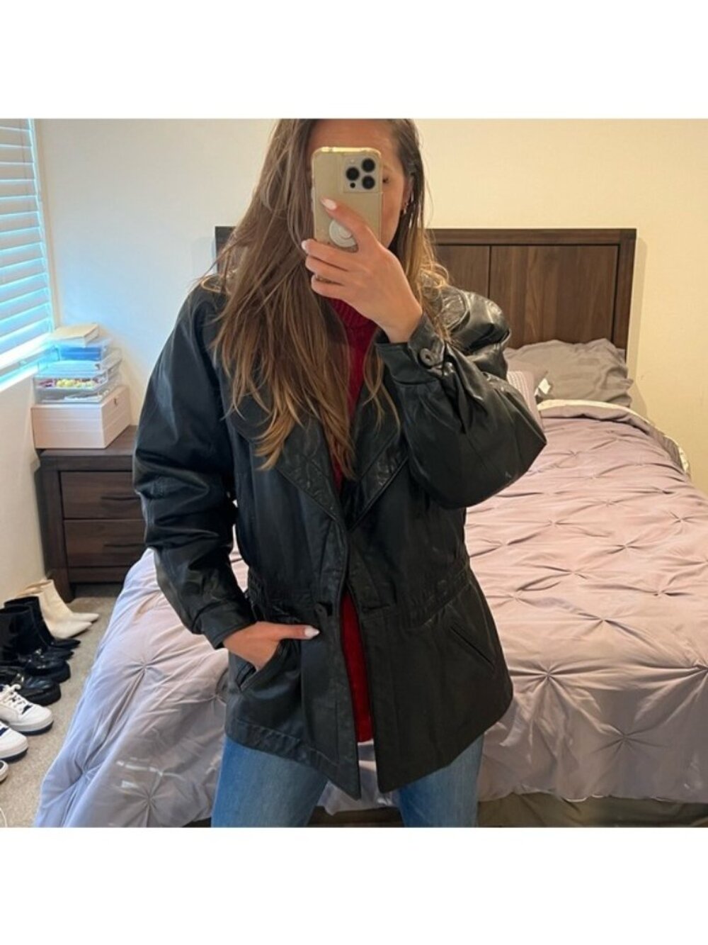 Vintage Oversized Black Leather Coat Jacket Quilt Lined Size Small
